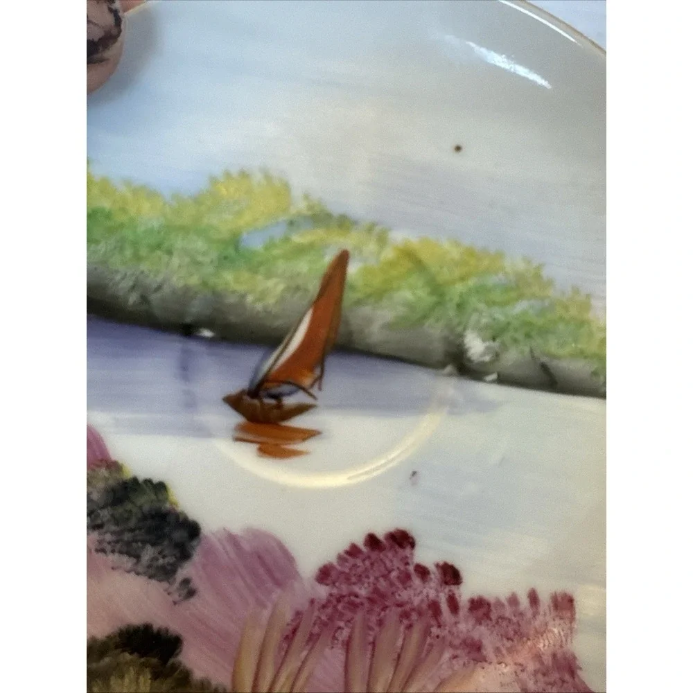 Vintage Ucagco Small Teacup & Saucer Set Sailboat Scene w Gold Trim Japan